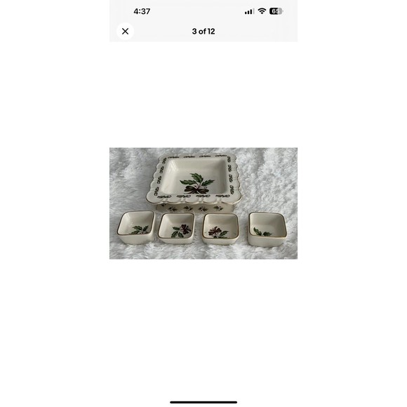 Holly Holiday Pedestal Platter W/Condiment Dishes Scalloped Edge VTG -RARE -HTF - Picture 3 of 12